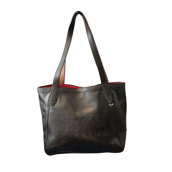 Coach Black Leather Horse and Carriage Tote with Red Lining - Picture 1 of 8